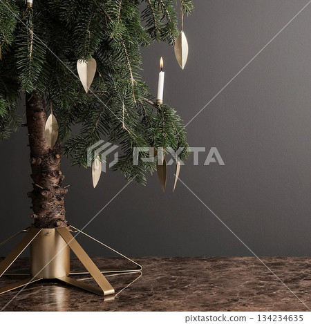 fir branches and fir tree on a black table fir branches and fir tree on a black table 134234635