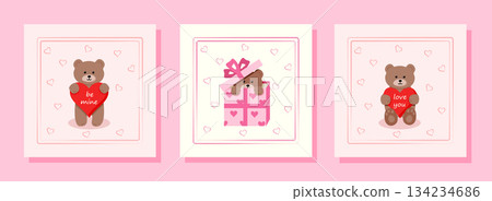 Set of greeting cards for Valentine's Day. Collection of cute teddy bears with hearts. Cartoon vector illustration. 134234686