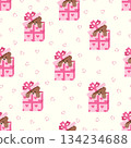 Seamless pattern Cute teddy bear peeks out of a gift box. Valentine's Day background. Vector illustration for postcard, cover, poster, wallpaper, packaging. 134234688