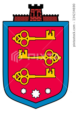 A red and blue shield with three keys on it A red and blue shield with three keys on it 134234690