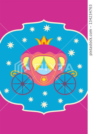 A blue and pink carousel with a pink horse and a yellow crown 134234763