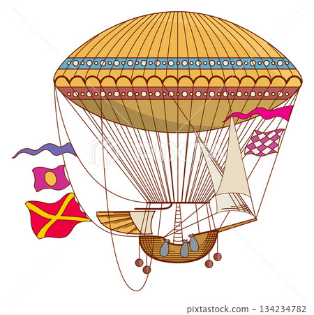 A cartoon drawing of a hot air balloon with a sail and flags 134234782