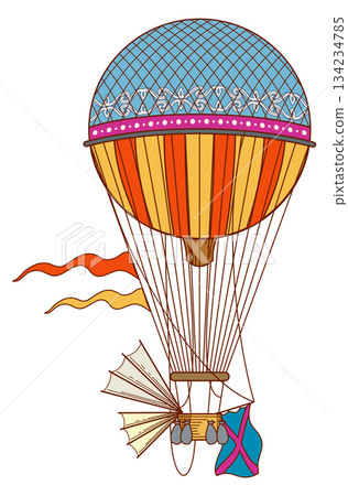 A colorful hot air balloon with a blue and orange striped tail A colorful hot air balloon with a blue and orange striped tail 134234785