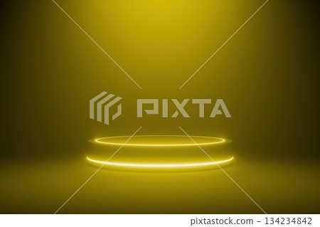 Empty 3D neon-lit cylinder podium on a dramatic yellow and orange background 134234842