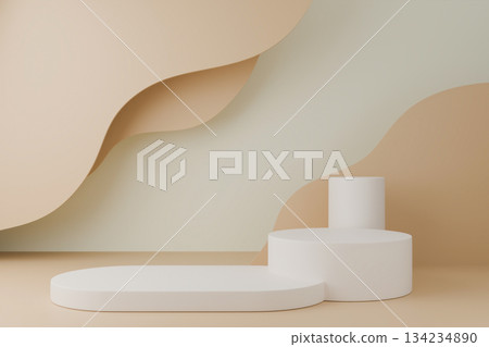 3D background with white podium, beige curves and soft yellow geometric base 3D background with white podium, beige curves and soft yellow geometric base 134234890
