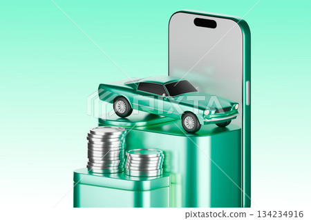 3D stylized icon of a car with money and financial symbols inside 3D stylized icon of a car with money and financial symbols inside 134234916