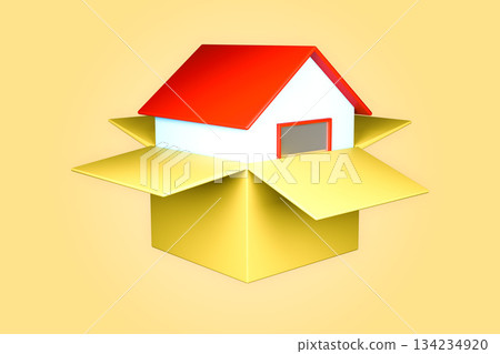 3D render: a red house popping out of a yellow cardboard box 3D render: a red house popping out of a yellow cardboard box 134234920