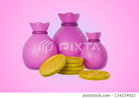 3D render of pink money bags and gold coins on a bright magenta background 3D render of pink money bags and gold coins on a bright magenta background 134234922