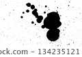 Black ink blot and splatter on a white background, dark grunge texture. 134235121