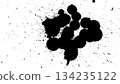 Black ink drops and splatters with a wide spray pattern on a white background. 134235122