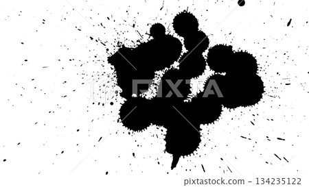 Black ink drops and splatters with a wide spray pattern on a white background. Black ink drops and splatters with a wide spray pattern on a white background. 134235122