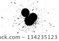 Black ink drops and splatters forming a cluster on a white background. 134235123