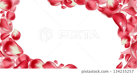 Diagonal floral pattern of red rose petals with fresh morning dew drops.Painted in soft watercolor with delicate textures,elegant design for romantic branding,wedding decor,luxury paper goods 134235257