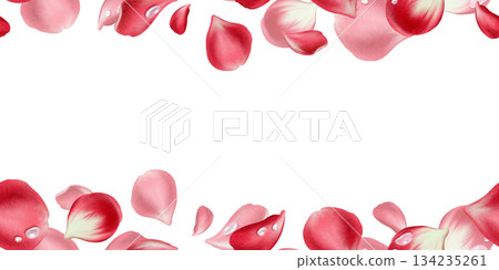 Floral seamless border of lush red rose petals adorned with glistening water droplets.Romantic watercolor design with soft textures for Valentine's Day branding,wedding stationery,invitation 134235261