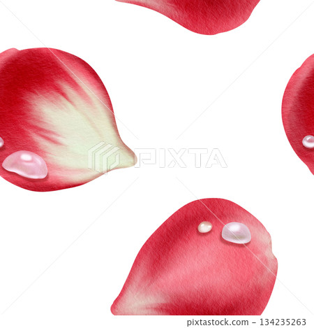 Floral seamless pattern of lush red rose petals adorned with glistening water droplets.Romantic watercolor design with soft textures for Valentine's Day branding,wedding stationery,invitation 134235263
