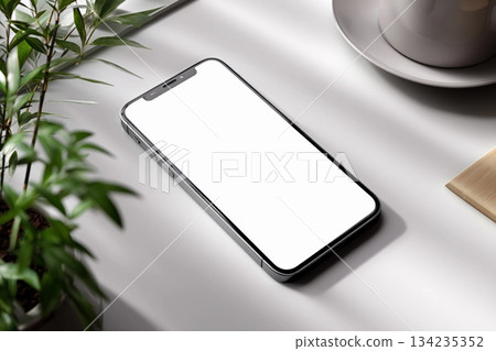 Elegant Smartphone Resting on a White Table Next to a Green Plant and Coffee Cup Generative AI 134235352