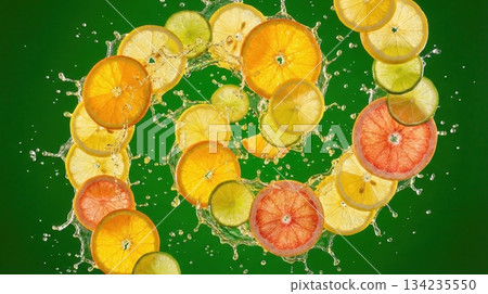 Exploded View Of Tropical Citrus Fruit Slices And Juice Splash 134235550
