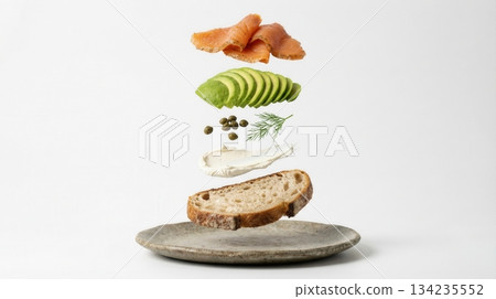 Deconstructed Salmon And Avocado Toast Ingredients white background Deconstructed Salmon And Avocado Toast Ingredients white background 134235552