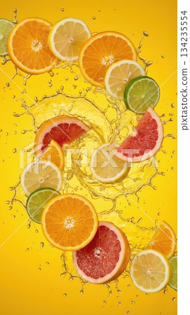 Exploded View Of Tropical Citrus Fruit Slices And Juice Splash Exploded View Of Tropical Citrus Fruit Slices And Juice Splash 134235554