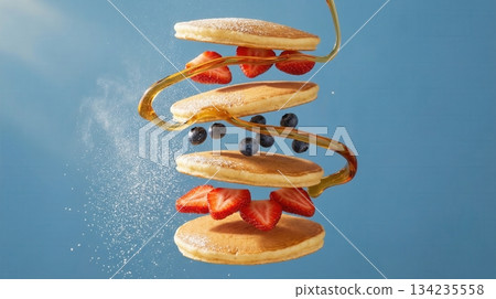 Flying Stack Of Pancakes With Berries And Honey Syrup Art Flying Stack Of Pancakes With Berries And Honey Syrup Art 134235558