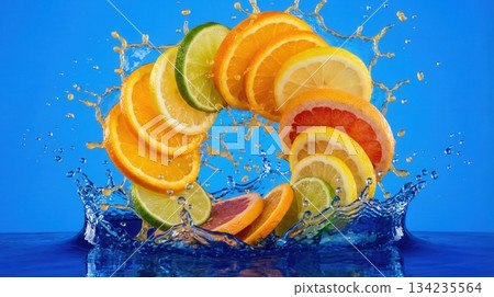 Exploded View Of Tropical Citrus Fruit Slices And Juice Splash Exploded View Of Tropical Citrus Fruit Slices And Juice Splash 134235564