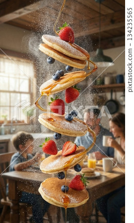 Flying Stack Of Pancakes With Berries And Honey Syrup Art Flying Stack Of Pancakes With Berries And Honey Syrup Art 134235565
