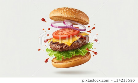 Delicious Beef Burger Ingredients Flying In The Air Isolated Delicious Beef Burger Ingredients Flying In The Air Isolated 134235580