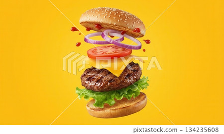 Delicious Beef Burger Ingredients Flying In The Air Isolated Delicious Beef Burger Ingredients Flying In The Air Isolated 134235608