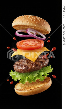 Delicious Beef Burger Ingredients Flying In The Air Isolated Delicious Beef Burger Ingredients Flying In The Air Isolated 134235629