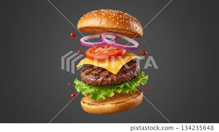 Delicious Beef Burger Ingredients Flying In The Air Isolated Delicious Beef Burger Ingredients Flying In The Air Isolated 134235648