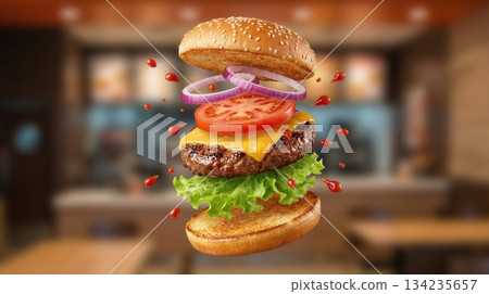 Delicious Beef Burger Ingredients Flying In The Air Isolated Delicious Beef Burger Ingredients Flying In The Air Isolated 134235657