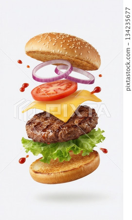 Delicious Beef Burger Ingredients Flying In The Air Isolated Delicious Beef Burger Ingredients Flying In The Air Isolated 134235677