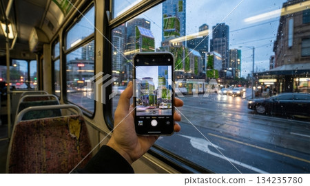 Passenger View of Green Futuristic Cityscape from Electric Transport Passenger View of Green Futuristic Cityscape from Electric Transport 134235780