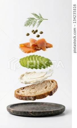 Deconstructed Salmon And Avocado Toast Ingredients white background 134235816