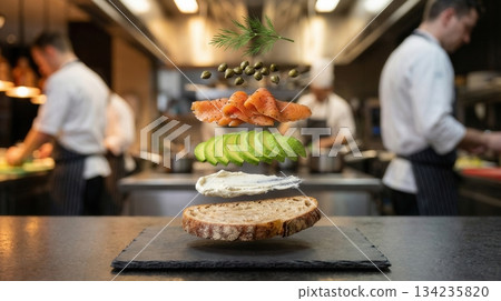 Deconstructed Salmon And Avocado Toast Ingredients in restraunts kitchen Deconstructed Salmon And Avocado Toast Ingredients in restraunts kitchen 134235820