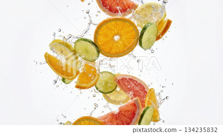 Exploded View Of Tropical Citrus Fruit Slices And Juice Splash Exploded View Of Tropical Citrus Fruit Slices And Juice Splash 134235832