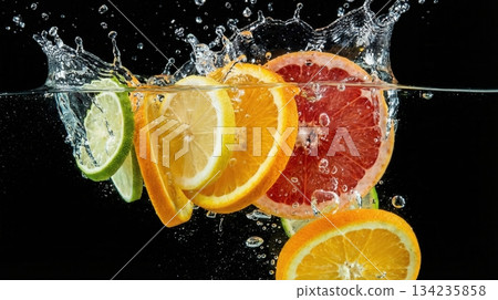 Exploded View Of Tropical Citrus Fruit Slices And Juice Splash Exploded View Of Tropical Citrus Fruit Slices And Juice Splash 134235858