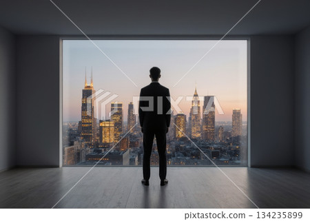 Silhouette Contemplating Passive Income Cityscape Through Window 134235899