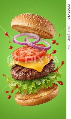 Delicious Beef Burger Ingredients Flying In The Air Isolated 134235988