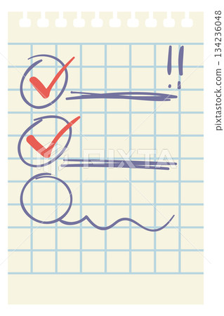 A piece of paper with a check mark on it and a red X 134236048