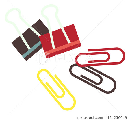 A bunch of different colored paper clips are scattered on a white background A bunch of different colored paper clips are scattered on a white background 134236049