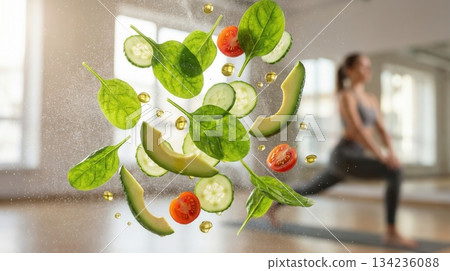 Fresh Green Vegetable Salad Ingredients fitness background Fresh Green Vegetable Salad Ingredients fitness background 134236088