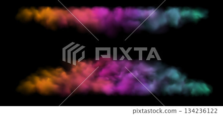 Vector Realistic Colorful Cloud, Smoke or Fog. Fluffy Cloudscape. Color Overlay Transparent Cloud. Vector Realistic Colorful Cloud, Smoke or Fog. Fluffy Cloudscape. Color Overlay Transparent Cloud. 134236122