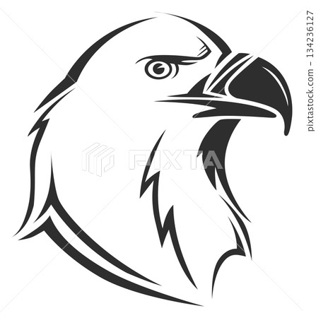 A black and white drawing of an eagle with its head turned to the side A black and white drawing of an eagle with its head turned to the side 134236127