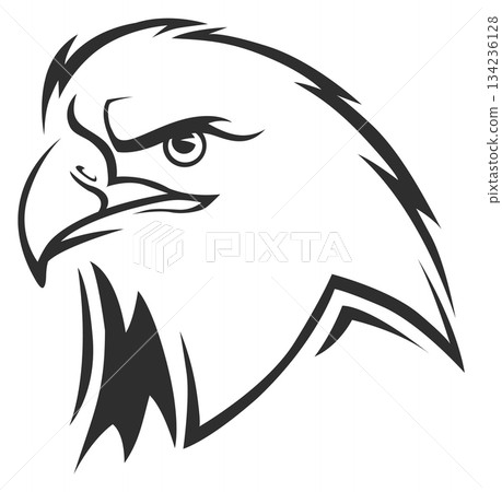 A black and white drawing of an eagle with its head turned to the side 134236128