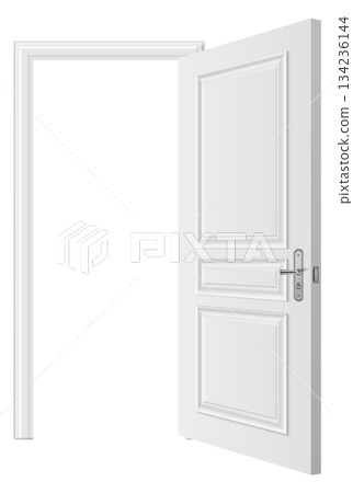 A white door with a silver handle is open A white door with a silver handle is open 134236144