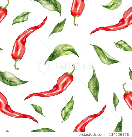 Hand-drawn illustration of a seamless pattern with red chili peppers and green leaves scattered on a white background. Perfect for spicy food packaging, kitchen textiles, and digital design projects. Hand-drawn illustration of a seamless pattern with red chili peppers and green leaves scattered on a white background. Perfect for spicy food packaging, kitchen textiles, and digital design projects. 134236328