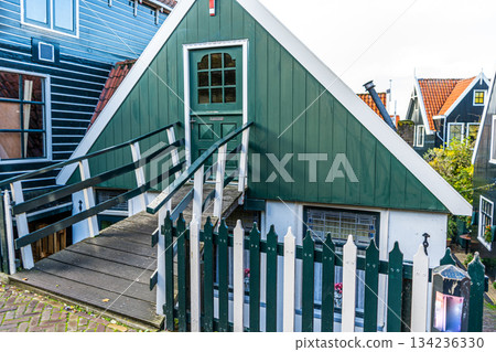 Volendam village Netherlands. Old classic wooden house building architecture Volendam village Netherlands. Old classic wooden house building architecture 134236330