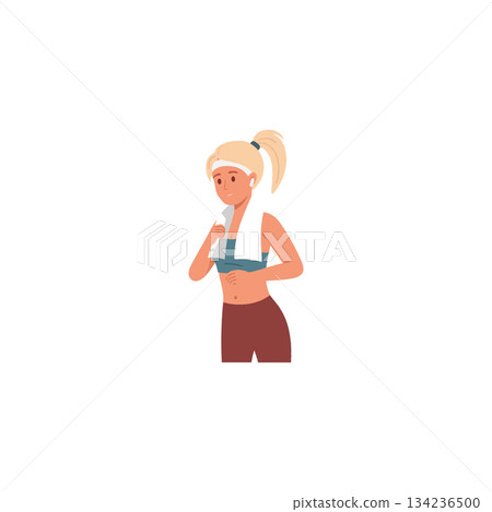Athletic blonde woman resting after workout and wiping sweat with towel shows dedication after 134236500