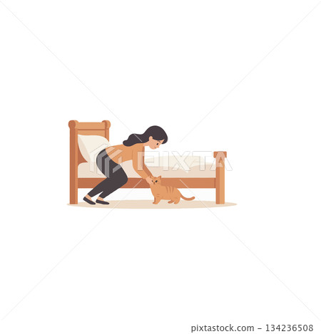Gentle interaction between a woman and her playful feline companion near a cozy bed at home 134236508